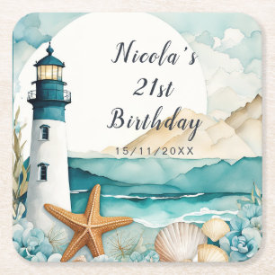 Nautical Lighthouse Birthday Square Paper Coaster