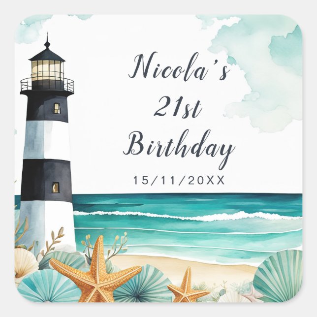 Nautical Lighthouse Birthday Square Sticker (Front)