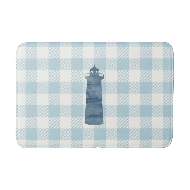 Nautical Lighthouse Blue Gingham Check Coastal Bath Mat (Front)