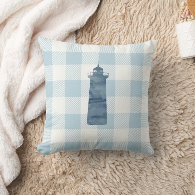 Nautical Lighthouse Blue Gingham Check Cushion (Blanket)