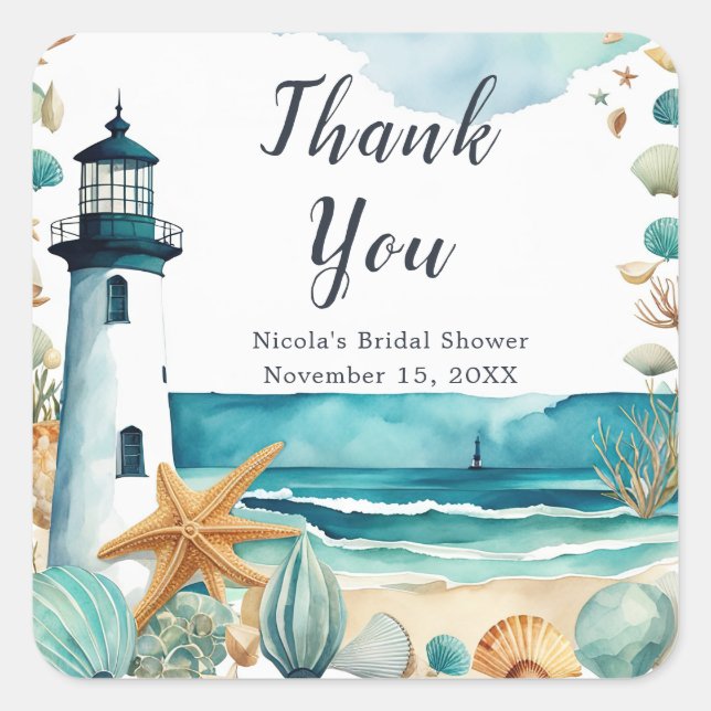 Nautical Lighthouse Bridal Shower Square Sticker (Front)