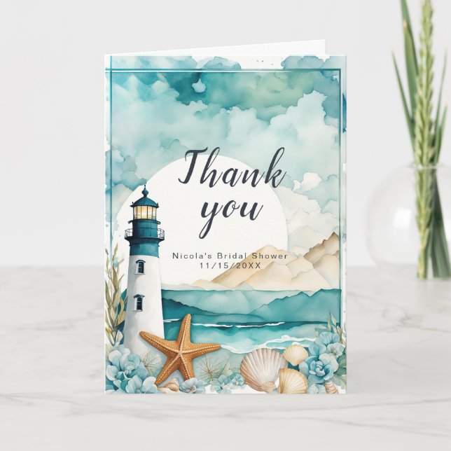 Nautical Lighthouse Bridal Shower Thank You Card (Front)