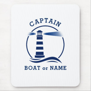Nautical Lighthouse Captain & Boat or Name Navy Mouse Mat