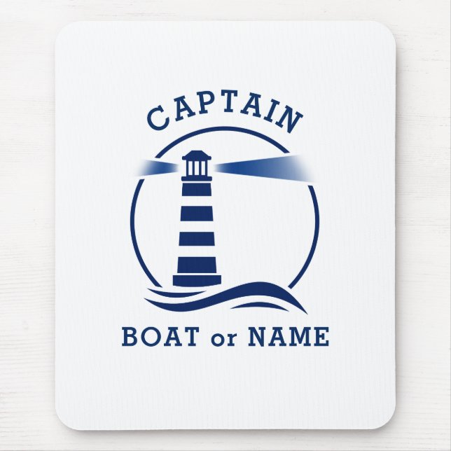 Nautical Lighthouse Captain & Boat or Name Navy Mouse Mat (Front)