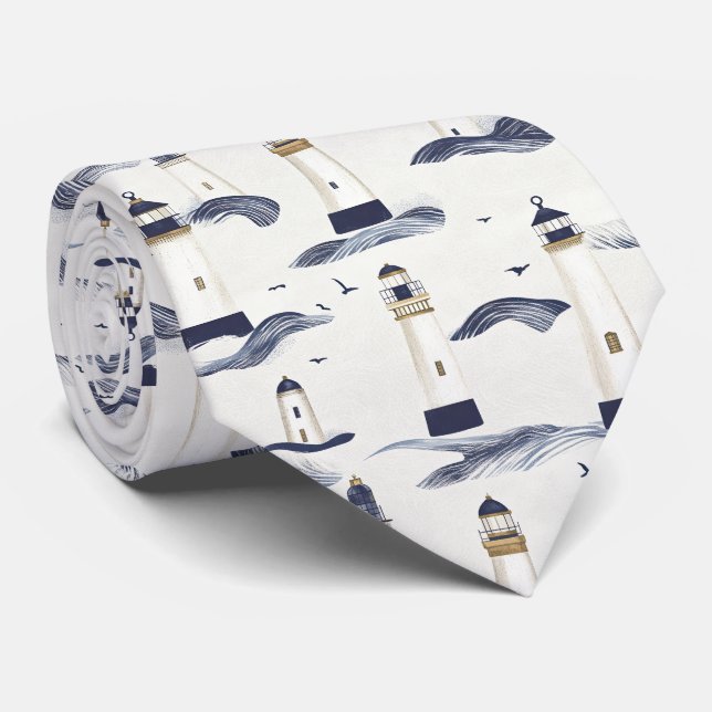 Nautical Lighthouse Coastal Blue Pattern (1) Tie (Rolled)