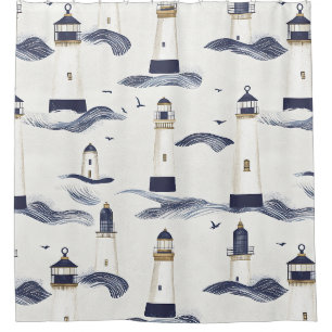 Nautical Lighthouse Coastal Blue Pattern Shower Curtain