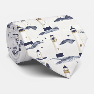Nautical Lighthouse Coastal Blue Pattern Tie