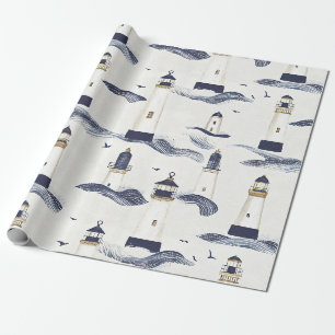Nautical Lighthouse Coastal Blue Pattern Wrapping Paper
