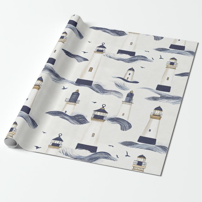 Nautical Lighthouse Coastal Blue Pattern Wrapping Paper (Unrolled)