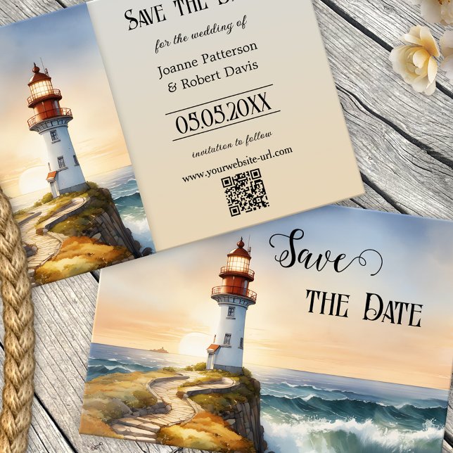 Nautical Lighthouse Coastal Save the Date Card (Nautical Save the Date card featuring a watercolor painting of a lighthouse at sunset - QR code)