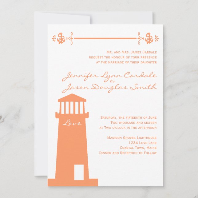 Nautical Lighthouse Coral Wedding Invitations (Front)