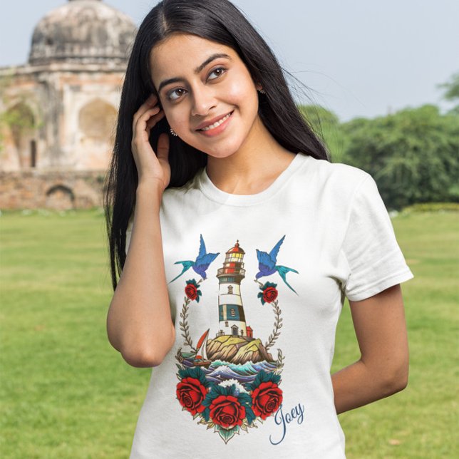 Nautical Lighthouse Floral Red Anchor Blue  T-Shirt (Creator Uploaded)