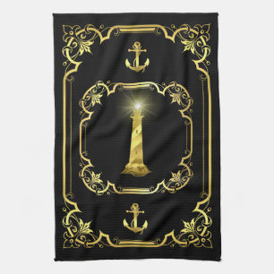 Nautical lighthouse gilded black/gold/black tea towel