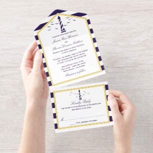 Nautical Lighthouse Navy Stripe Wedding Real Foil All In One Invitation