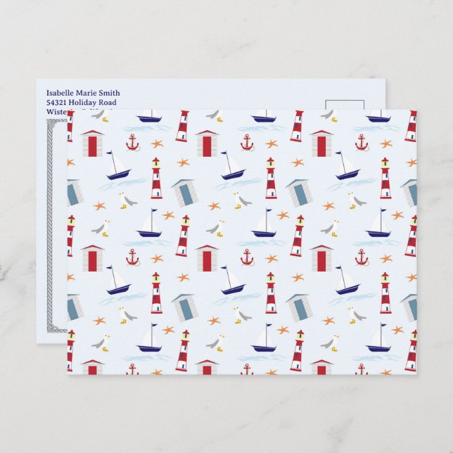 Nautical Lighthouse Pattern 1st Birthday Party  Postcard (Front/Back)