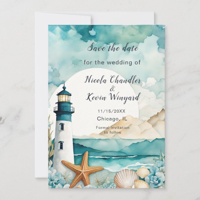 Nautical Lighthouse Reception Save The Date (Front)
