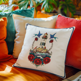 Nautical Lighthouse  Red Blue  Cushion
