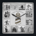 Nautical Lighthouse Rustic Wood Black White Photos Square Wall Clock<br><div class="desc">This nautical lighthouse design features a weathered grey wood background with space for 12 photos, all displayed in black and white! Click the customise button for more flexibility in modifying/adding text and design elements! Variations of this design as well as coordinating products are available in our shop, zazzle.com/store/doodlelulu. Contact us...</div>