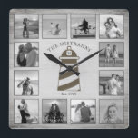 Nautical Lighthouse Rustic Wood Black White Photos Square Wall Clock<br><div class="desc">This nautical lighthouse design features a weathered grey wood background with space for 12 photos, all displayed in black and white! Click the customise button for more flexibility in modifying/adding text and design elements! Variations of this design as well as coordinating products are available in our shop, zazzle.com/store/doodlelulu. Contact us...</div>