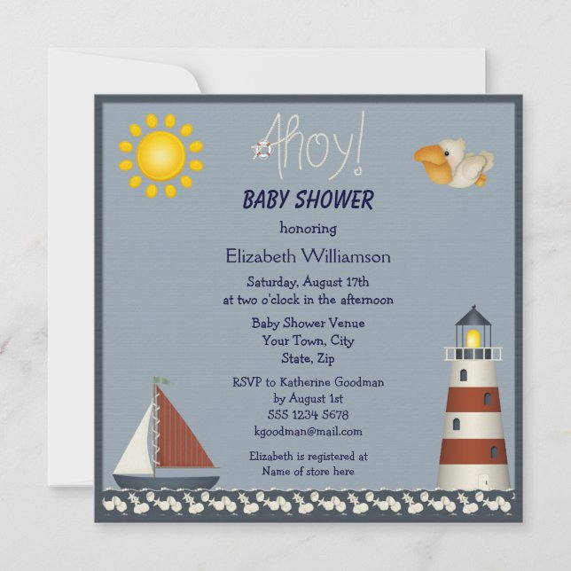 Nautical Lighthouse & Sailboat Baby Shower Invites (Front)