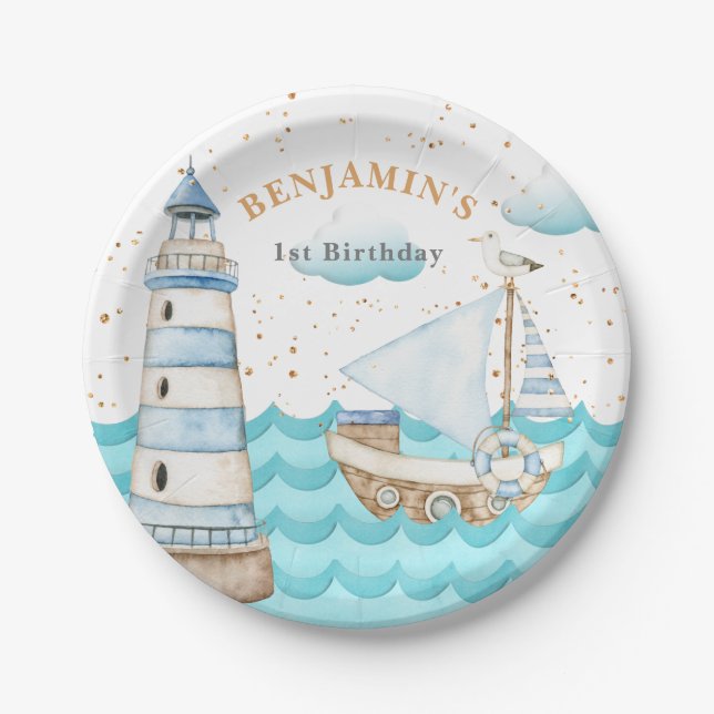 Nautical Lighthouse Sailboat Birthday Paper Plate (Front)