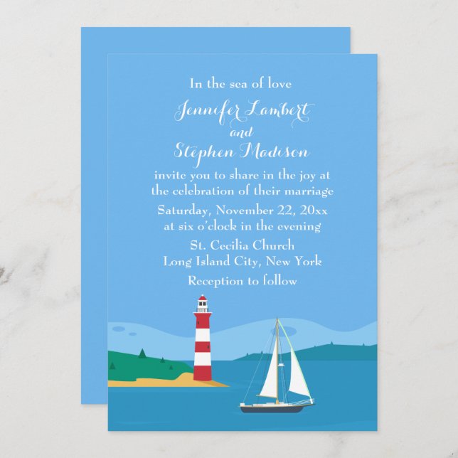 Nautical Lighthouse & Sailboat Blue Ocean Wedding Invitation (Front/Back)