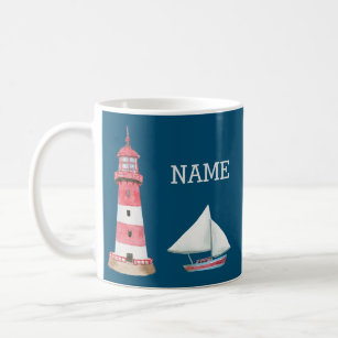 Nautical Lighthouse Sailboat Name Red White Blue Coffee Mug