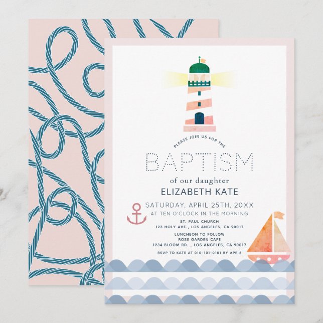 Nautical Lighthouse Sailboat Pink Girl Baptism Inv Invitation (Front/Back)