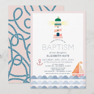 Nautical Lighthouse Sailboat Pink Girl Baptism Inv Invitation