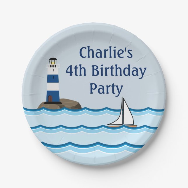 Nautical Lighthouse Scene Custom Birthday Paper Plate (Front)