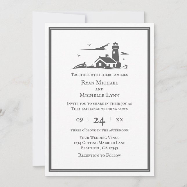 Nautical Lighthouse Seaside Beach Wedding Invitation (Front)