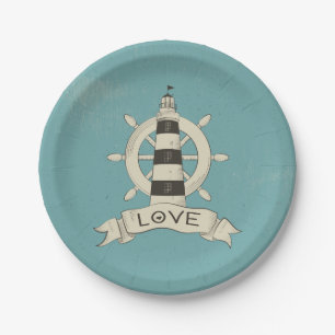 Nautical Lighthouse & Ship Wheel Tan Wedding Love Paper Plate