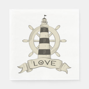 Nautical Lighthouse & Ship Wheel Tan Wedding Party Napkin
