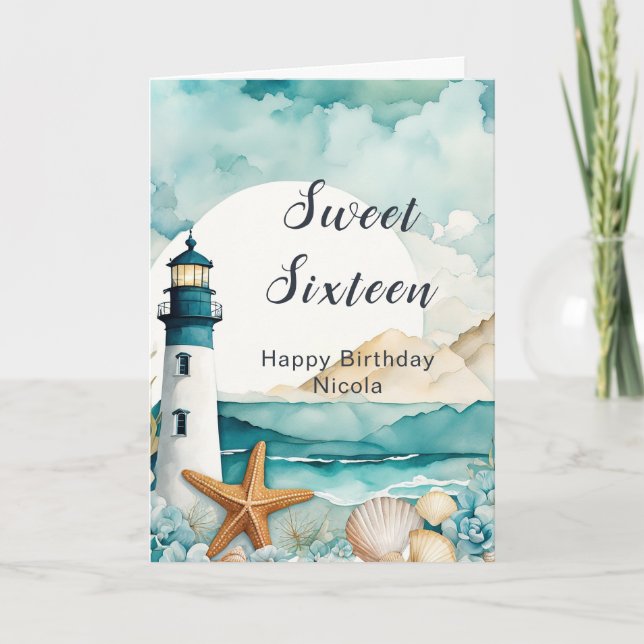 Nautical Lighthouse Sweet Sixteen Birthday Card (Front)