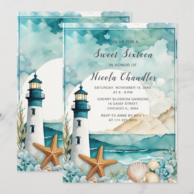 Nautical Lighthouse Sweet Sixteen Birthday Invitation (Front/Back)