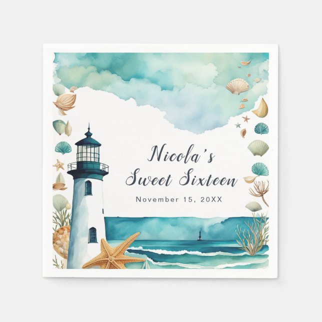 Nautical Lighthouse Sweet Sixteen Birthday Napkin (Front)