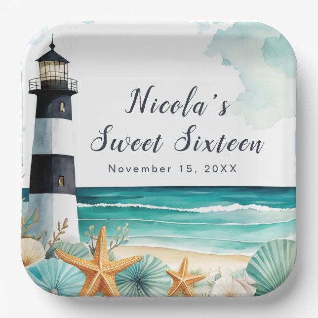 Nautical Lighthouse Sweet Sixteen Birthday Paper Plate (Front)