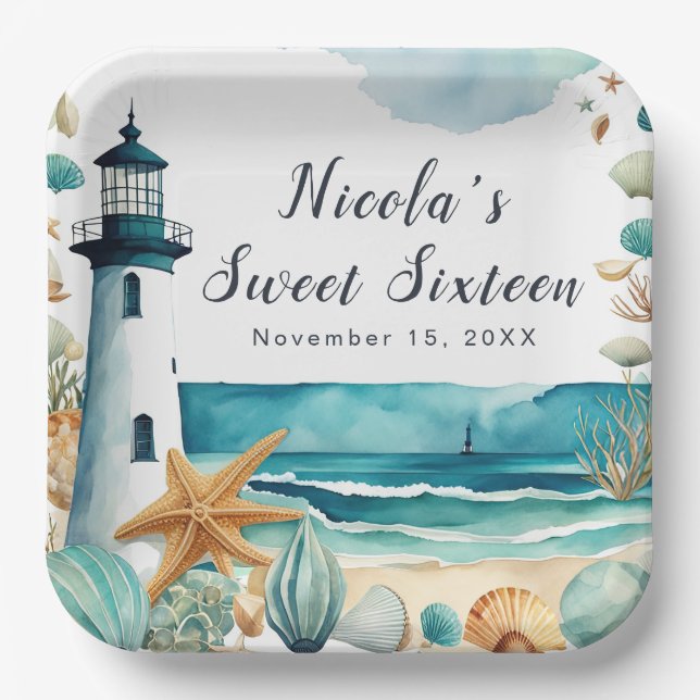 Nautical Lighthouse Sweet Sixteen Birthday Paper Plate (Front)