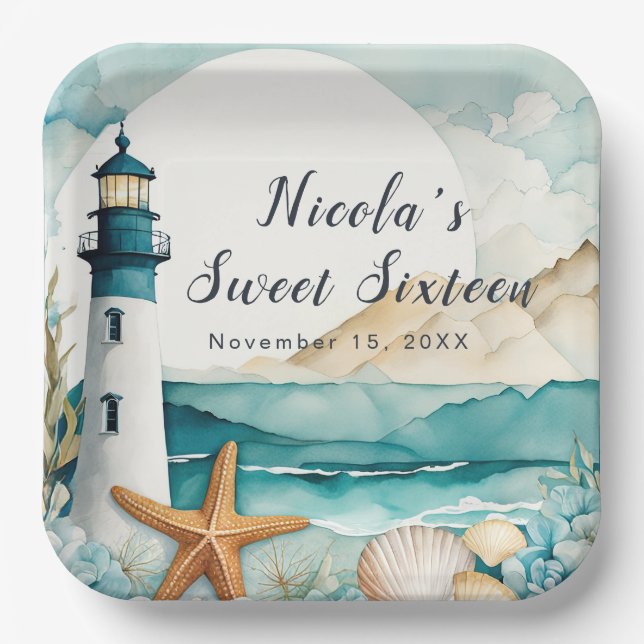 Nautical Lighthouse Sweet Sixteen Birthday Paper Plate (Front)