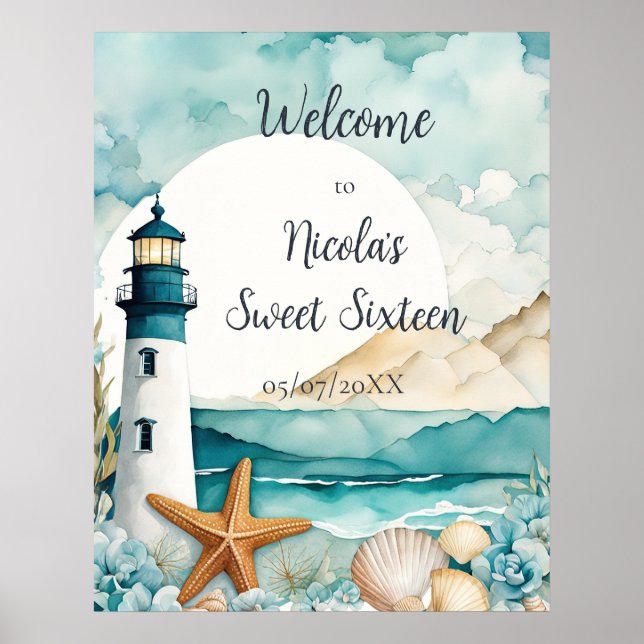 Nautical Lighthouse Sweet Sixteen Birthday Poster (Front)
