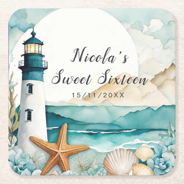 Nautical Lighthouse Sweet Sixteen Birthday Square Paper Coaster (Front)