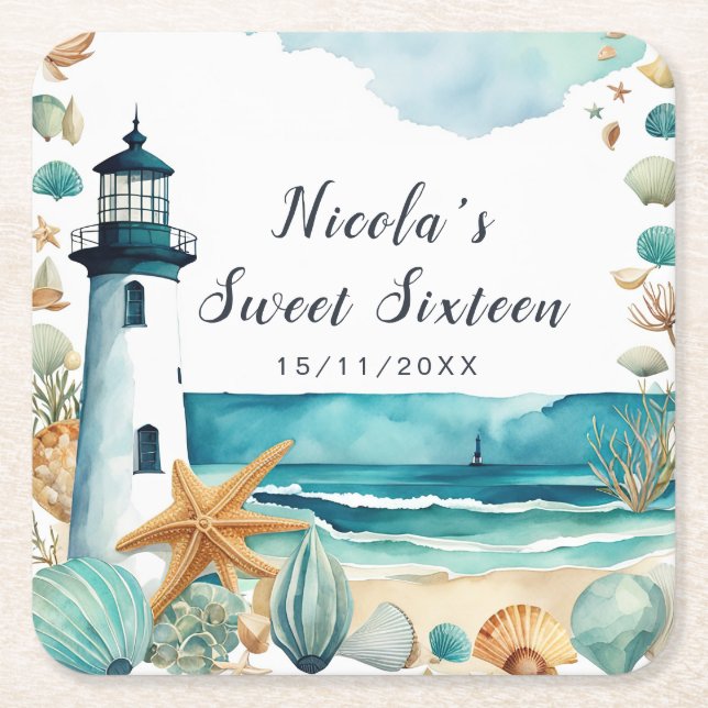 Nautical Lighthouse Sweet Sixteen Birthday Square Paper Coaster (Front)