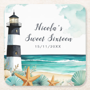 Nautical Lighthouse Sweet Sixteen Birthday Square Paper Coaster