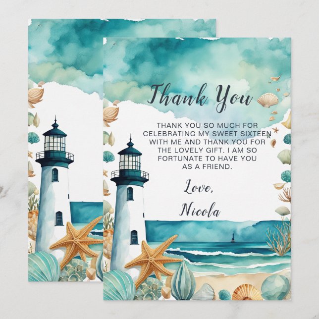 Nautical Lighthouse Sweet Sixteen Birthday Thank You Card (Front/Back)