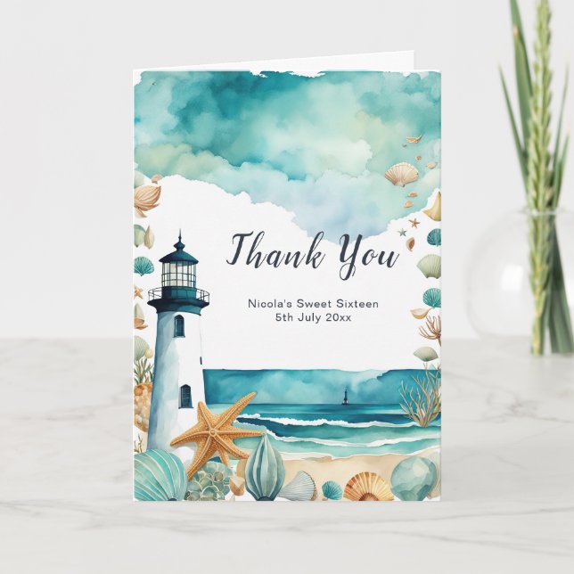 Nautical Lighthouse Sweet Sixteen Birthday Thank You Card (Front)