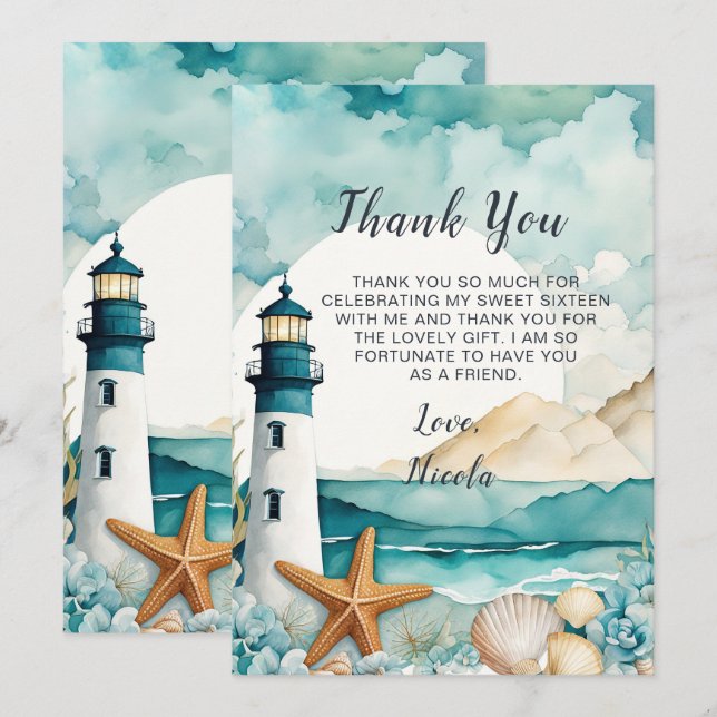 Nautical Lighthouse Sweet Sixteen Birthday Thank You Card (Front/Back)