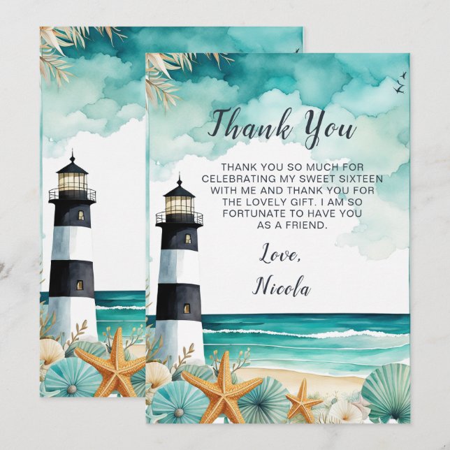 Nautical Lighthouse Sweet Sixteen Birthday Thank You Card (Front/Back)