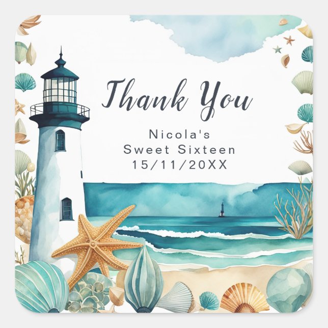 Nautical Lighthouse Sweet Sixteen Square Sticker (Front)