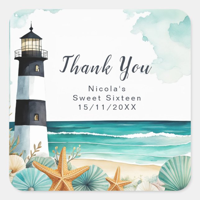 Nautical Lighthouse Sweet Sixteen Square Sticker (Front)