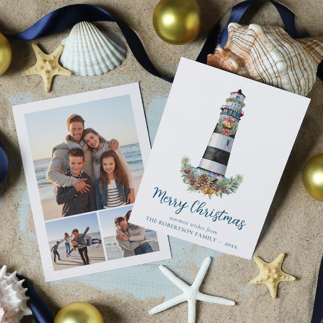 Nautical Lighthouse Watercolor 3 Photo Christmas  Holiday Card (Creator Uploaded)